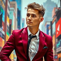 A young man wearing a vibrant maroon suit, stylishly tailored, with a crisp white shirt and a sleek black tie