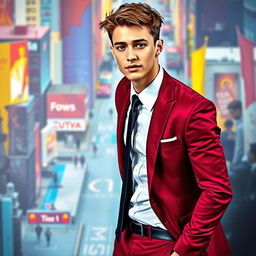 A young man wearing a vibrant maroon suit, stylishly tailored, with a crisp white shirt and a sleek black tie