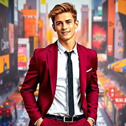 A young man wearing a vibrant maroon suit, stylishly tailored, with a crisp white shirt and a sleek black tie
