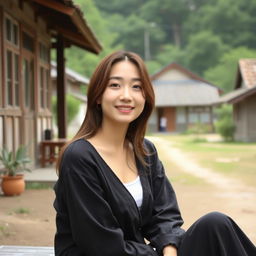 A beautiful Korean woman sitting and enjoying the beauty of the universe in a village, in the yard of a countryside house