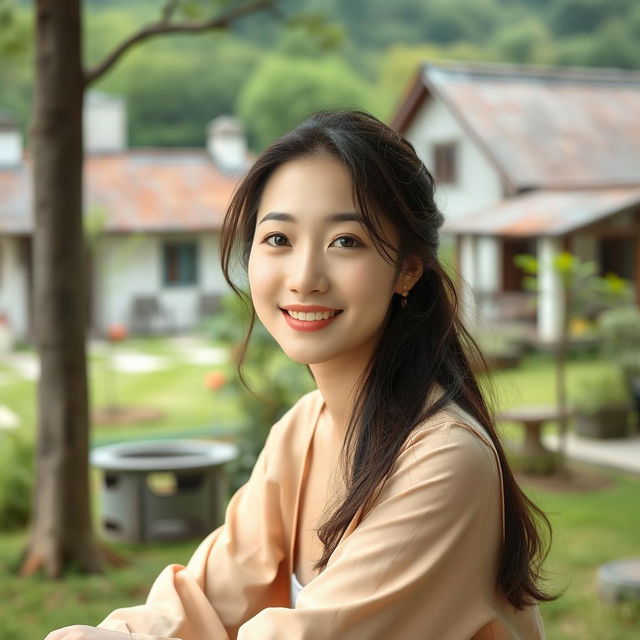 A beautiful Korean woman sitting and enjoying the beauty of the universe in a village, in the yard of a countryside house