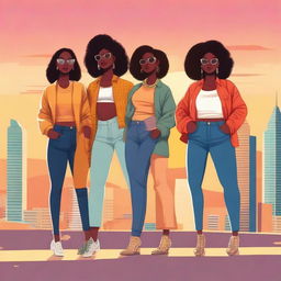 A high-quality digital art featuring a group of confident women, each showcasing their unique style and personality