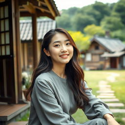 A beautiful Korean woman sitting and enjoying the beauty of the universe in a village, in the yard of a countryside house