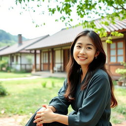 A beautiful Korean woman sitting and enjoying the beauty of the universe in a village, in the yard of a countryside house