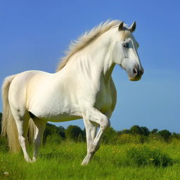 A majestic white horse standing gracefull in a lush green meadow under a clear blue sky.