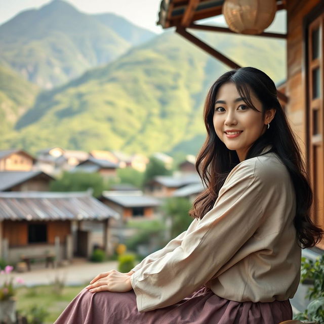 A beautiful Korean woman sitting and enjoying the beauty of the universe in a village home garden