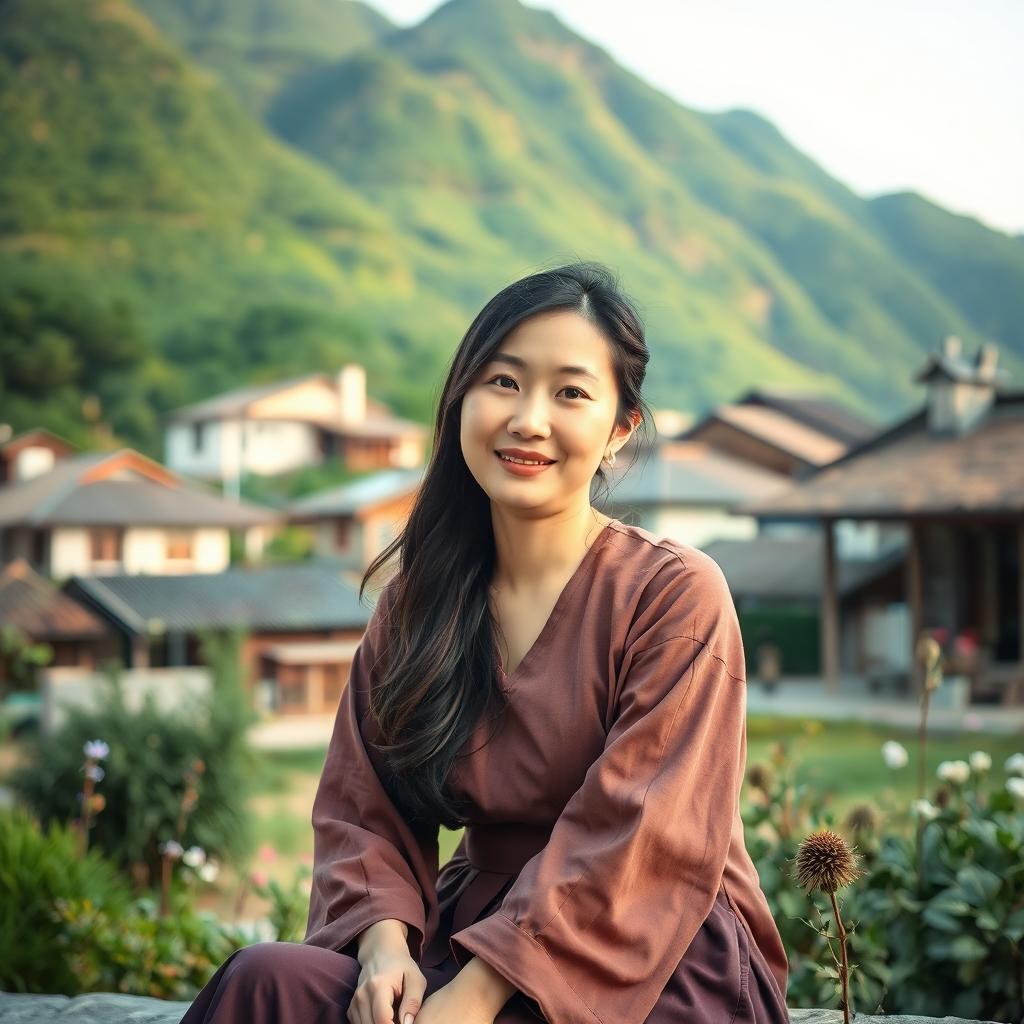 A beautiful Korean woman sitting and enjoying the beauty of the universe in a village home garden