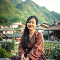 A beautiful Korean woman sitting and enjoying the beauty of the universe in a village home garden