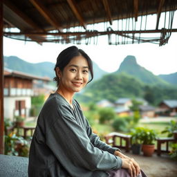 A beautiful Korean woman sitting and enjoying the beauty of the universe in a village home garden