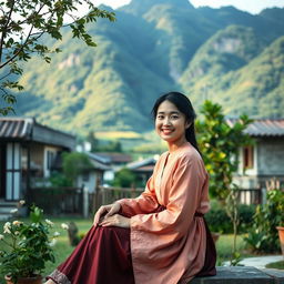 A beautiful Korean woman sitting and enjoying the beauty of the universe in a village home garden