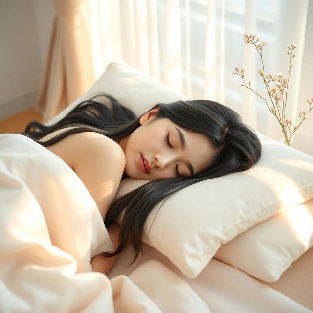 A serene and peaceful scene of a young Korean woman enjoying her beauty sleep