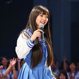 A beautiful female idol performing on stage, wearing a blue and white school uniform