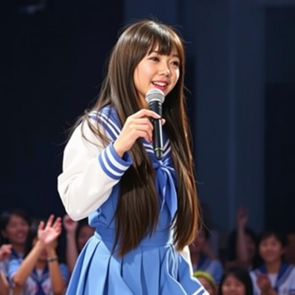 A beautiful female idol performing on stage, wearing a blue and white school uniform