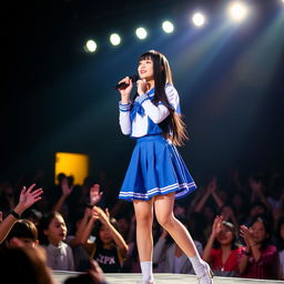 A beautiful female idol performing on stage, wearing a blue and white school uniform