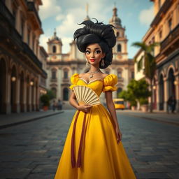 A beautiful Cuban woman from the colonial era, wearing a stunning yellow dress typical of the period and featuring an exaggerated hairstyle