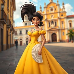 A beautiful Cuban woman from the colonial era, wearing a stunning yellow dress typical of the period and featuring an exaggerated hairstyle