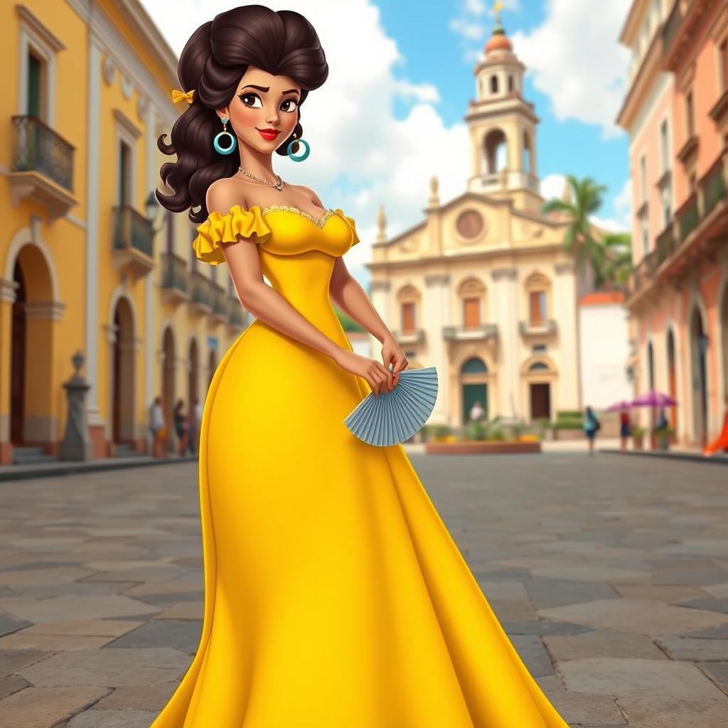 A beautiful Cuban woman from the colonial era, wearing a stunning yellow dress typical of the period and featuring an exaggerated hairstyle