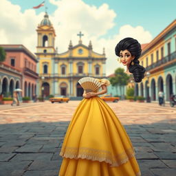 A beautiful Cuban woman from the colonial era, wearing a stunning yellow dress typical of the period and featuring an exaggerated hairstyle