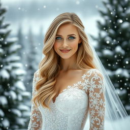 A stunning winter wedding scene featuring a beautiful 27-year-old woman adorned in a magnificent wedding dress inspired by snowflakes