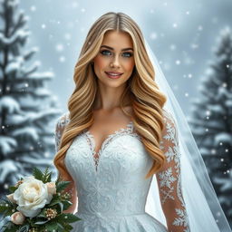 A stunning winter wedding scene featuring a beautiful 27-year-old woman adorned in a magnificent wedding dress inspired by snowflakes
