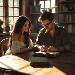 A serene and intimate scene depicting Madina, an elegant woman with long flowing hair, sitting at a rustic wooden table, observing Allan, a thoughtful man with short hair and glasses, as he writes diligently in a leather-bound notebook