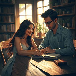 A serene and intimate scene depicting Madina, an elegant woman with long flowing hair, sitting at a rustic wooden table, observing Allan, a thoughtful man with short hair and glasses, as he writes diligently in a leather-bound notebook