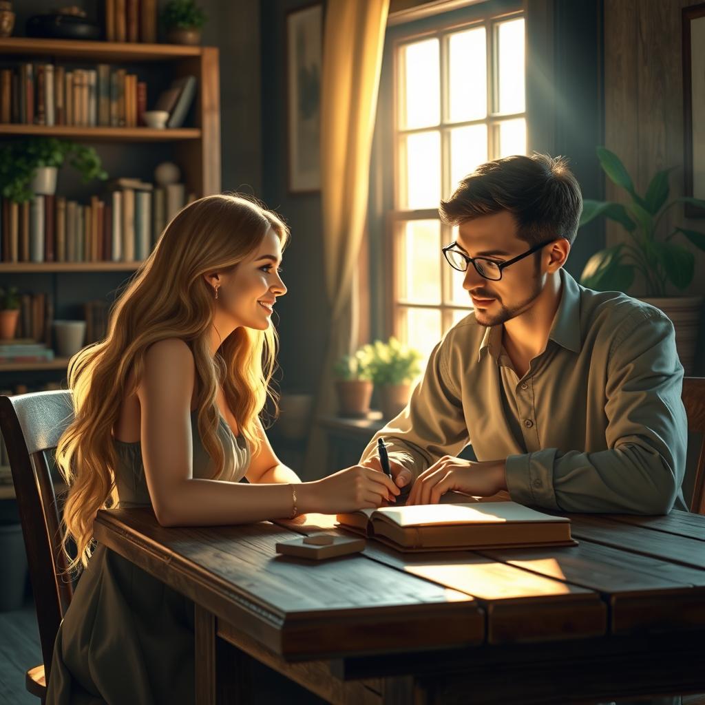 A serene and intimate scene depicting Madina, an elegant woman with long flowing hair, sitting at a rustic wooden table, observing Allan, a thoughtful man with short hair and glasses, as he writes diligently in a leather-bound notebook