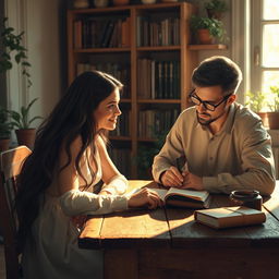 A serene and intimate scene depicting Madina, an elegant woman with long flowing hair, sitting at a rustic wooden table, observing Allan, a thoughtful man with short hair and glasses, as he writes diligently in a leather-bound notebook