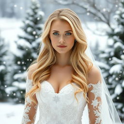 A breathtaking winter wedding scene showcasing a beautiful 27-year-old woman in a spectacular wedding dress inspired by snowflakes