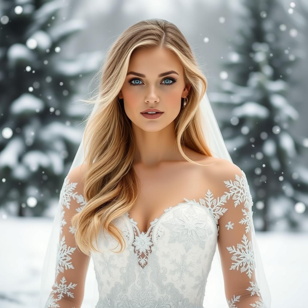 A breathtaking winter wedding scene showcasing a beautiful 27-year-old woman in a spectacular wedding dress inspired by snowflakes