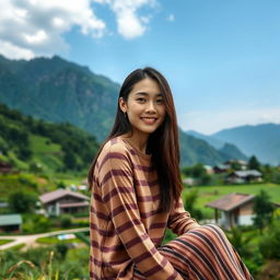 A beautiful Korean woman wearing a long striped t-shirt, sitting and facing the camera with a gentle smile