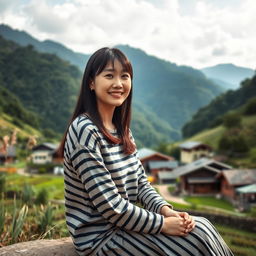 A beautiful Korean woman wearing a long striped t-shirt, sitting and facing the camera with a gentle smile