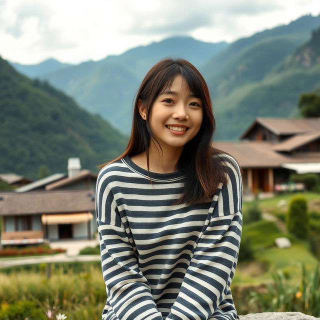 A beautiful Korean woman wearing a long striped t-shirt, sitting and facing the camera with a gentle smile