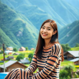 A beautiful Korean woman wearing a long striped t-shirt, sitting and facing the camera with a gentle smile