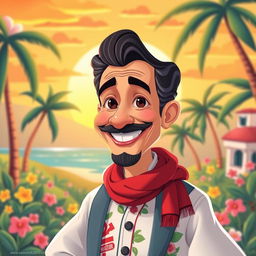 A whimsical and vibrant illustration featuring Jose Martí as if he were a character in a Disney animated film