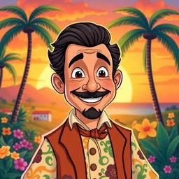 A whimsical and vibrant illustration featuring Jose Martí as if he were a character in a Disney animated film