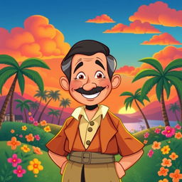 A whimsical and vibrant illustration featuring Jose Martí as if he were a character in a Disney animated film