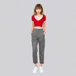 A stylish and trendy fashion ensemble featuring grey cargo pants in a relaxed, loose fit with side pockets