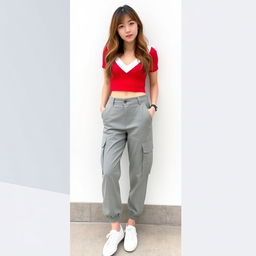 A stylish and trendy fashion ensemble featuring grey cargo pants in a relaxed, loose fit with side pockets