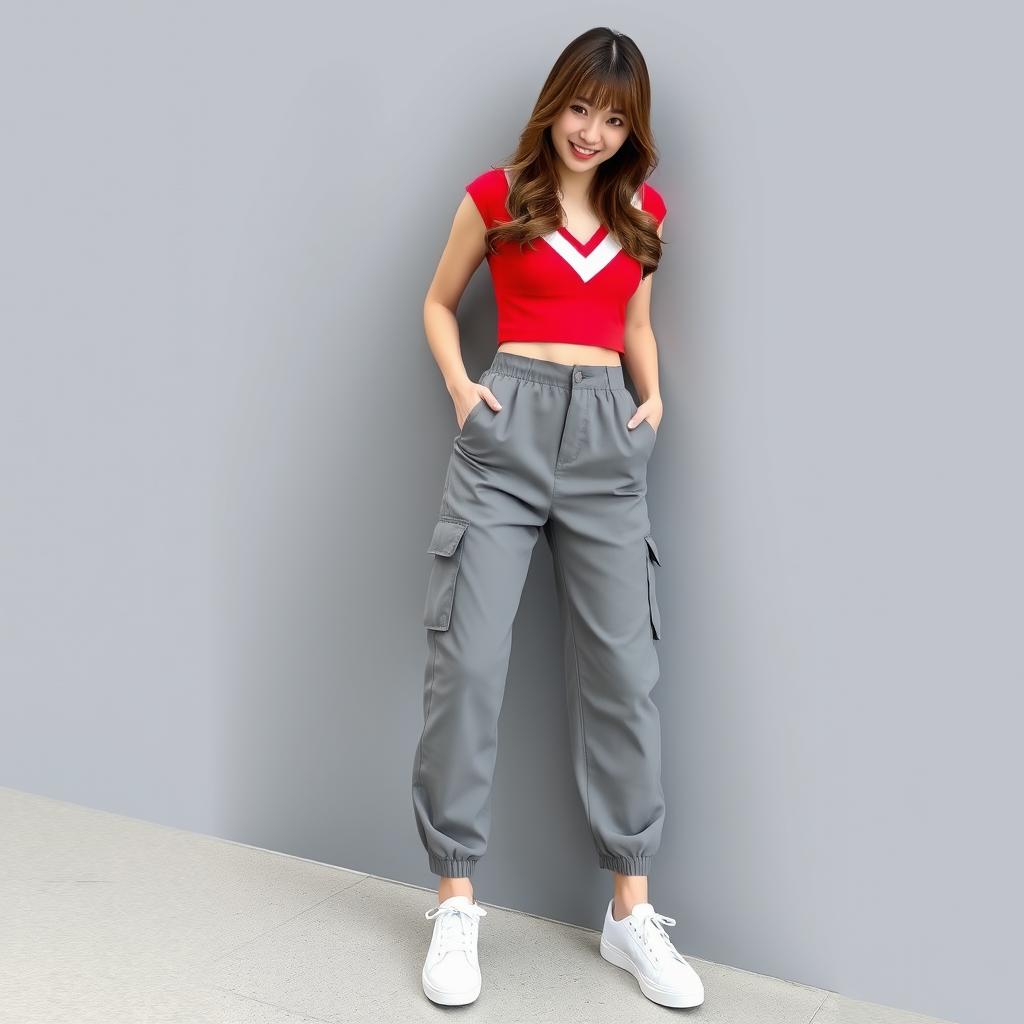 A stylish and trendy fashion ensemble featuring grey cargo pants in a relaxed, loose fit with side pockets