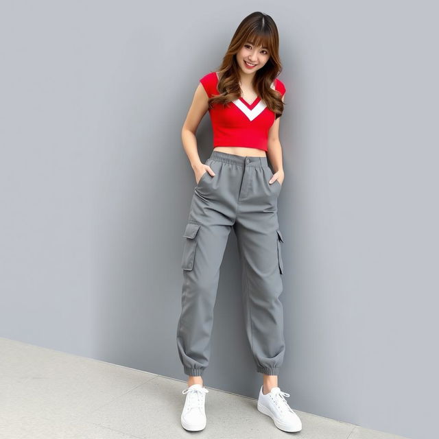 A stylish and trendy fashion ensemble featuring grey cargo pants in a relaxed, loose fit with side pockets