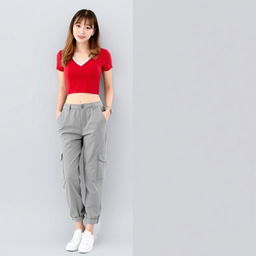 A stylish and trendy fashion ensemble featuring grey cargo pants in a relaxed, loose fit with side pockets
