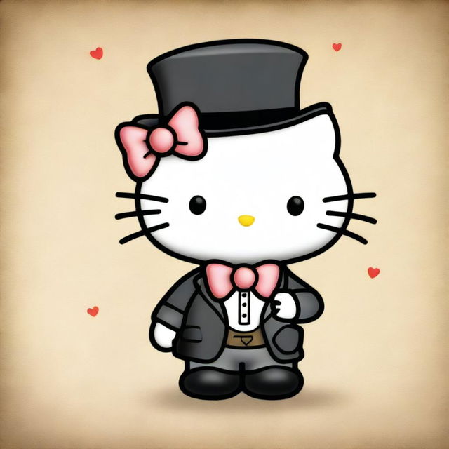 A delightful digital art piece featuring the historical figure James Watt, depicted in the adorable style of Hello Kitty