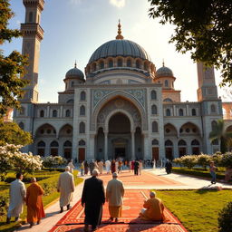 A stunning scene of a majestic mosque, showcasing intricate Islamic architecture with a large dome and tall minarets