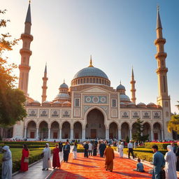 A stunning scene of a majestic mosque, showcasing intricate Islamic architecture with a large dome and tall minarets