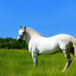 A majestic white horse standing gracefull in a lush green meadow under a clear blue sky.