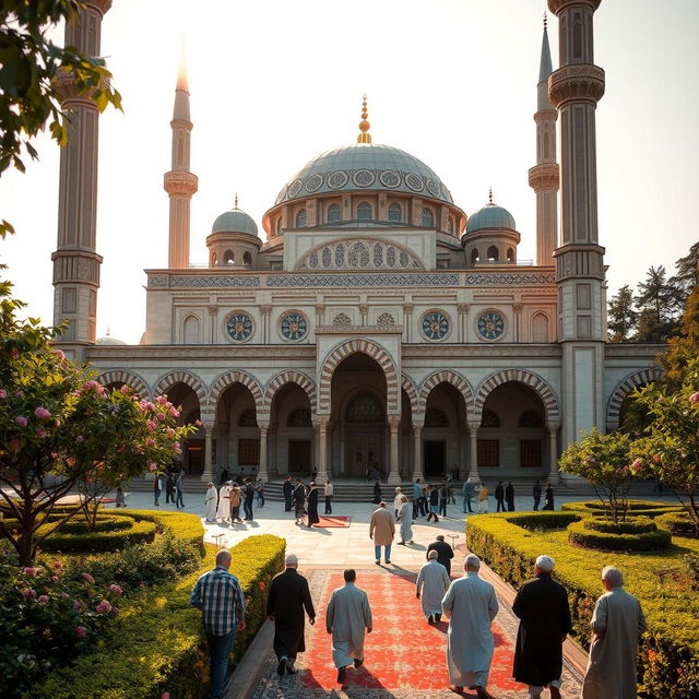 A stunning scene of a majestic mosque, showcasing intricate Islamic architecture with a large dome and tall minarets