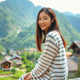 A beautiful Korean woman wearing a long striped t-shirt, sitting and facing the camera with a soft smile