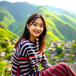 A beautiful Korean woman wearing a long striped t-shirt, sitting and facing the camera with a soft smile