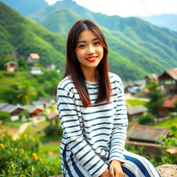 A beautiful Korean woman wearing a long striped t-shirt, sitting facing the camera with a gentle smile, her straight hair cascading down her shoulders